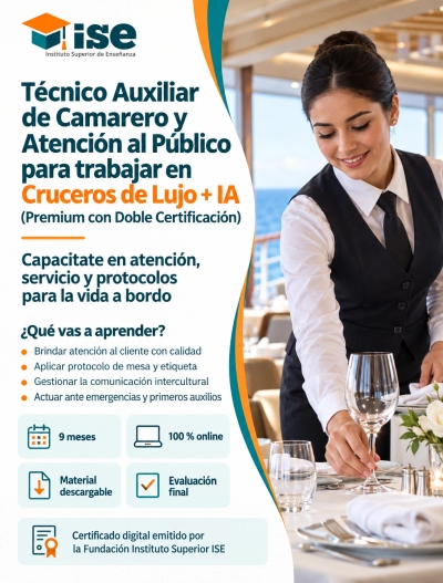 Técnico Auxiliar de Camarero y Atención al Público para trabajar en Cruceros de Lujo + IA (Premium con Doble Certificación)