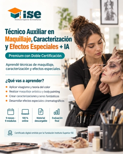 Técnico Auxiliar en Maquillaje, Caracterización y Efectos Especiales + IA (Premium con Doble Certificación)