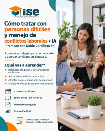 Como tratar con personas difíciles y manejo de conflictos laborales + IA (Premium con Doble Certificación)