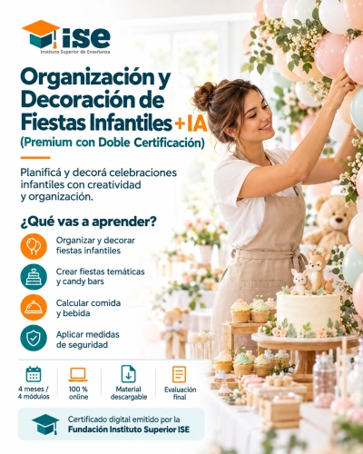 Organización y Decoración de Fiestas Infantiles + IA (Premium con Doble Certificación)
