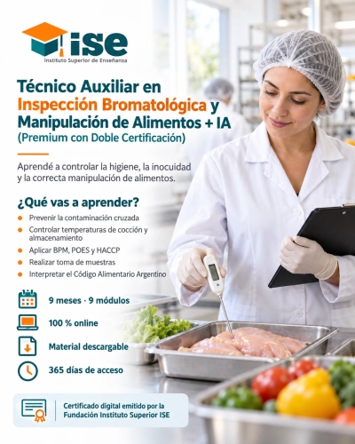 Técnico Auxiliar en Inspección Bromatológica y Manipulación de Alimentos + IA (Premium con Doble Certificación)