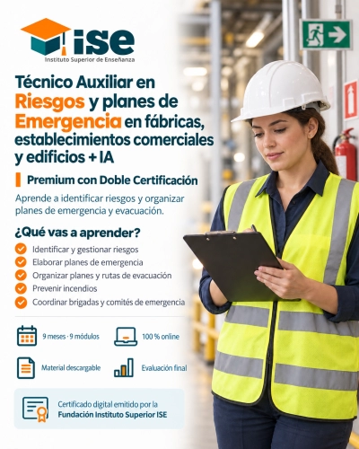 Técnico Auxiliar en Riesgos y planes de Emergencia en fábricas, establecimientos comerciales y edificios + IA (Premium con Doble Certificación)