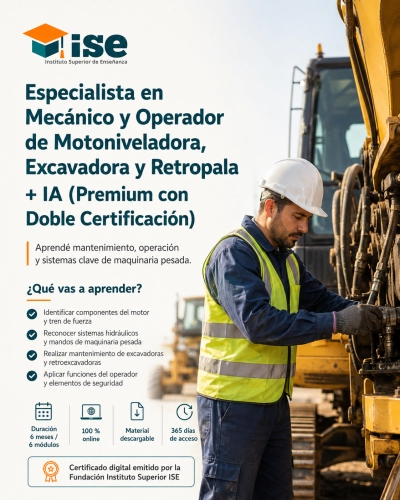 Especialista en Mecánico y Operador de Motoniveladora, Excavadora y Retropala + IA (Premium con Doble Certificación)