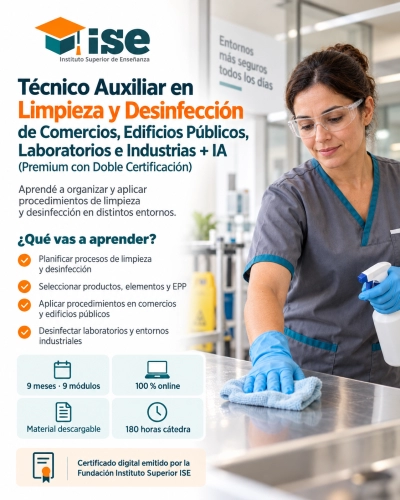 Técnico Auxiliar en Limpieza y Desinfección de Comercios, Edificios Públicos, Laboratorios e Industrias + IA (Premium con Doble Certificación)