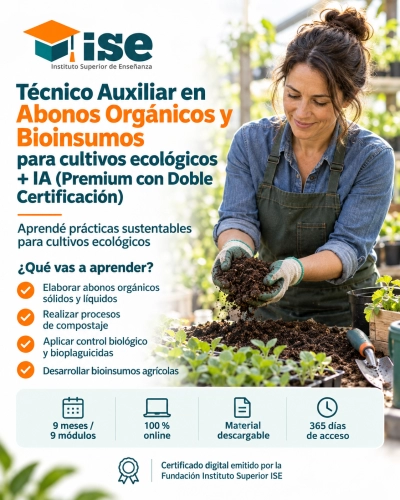 Técnico Auxiliar en Abonos Orgánicos y Bioinsumos para cultivos ecológicos + IA (Premium con Doble Certificación)