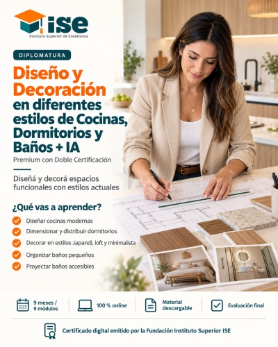 Diplomatura en Diseño y Decoración en diferentes estilos de Cocinas, Dormitorios y Baños + IA (Premium con Doble Certificación)