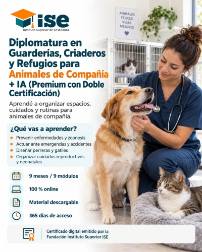 Diplomatura en Guarderías, Criaderos y Refugios para Animales de Compañía + IA (Premium con Doble Certificación)